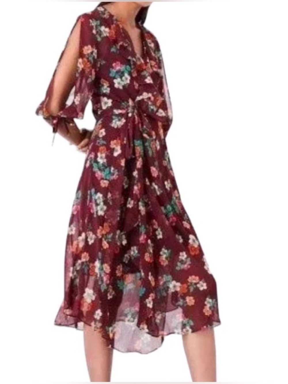 Maje Floral Wrap Midi Dress in Burgundy with Orange & Green Accents size 3
